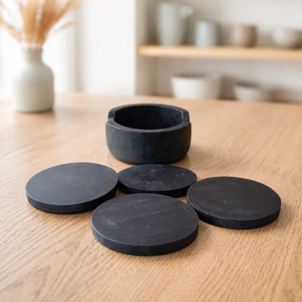 Dark Stained Wood‎ Coaster Set w/ Holder 4 Piece Round Rustic Drink Coasters